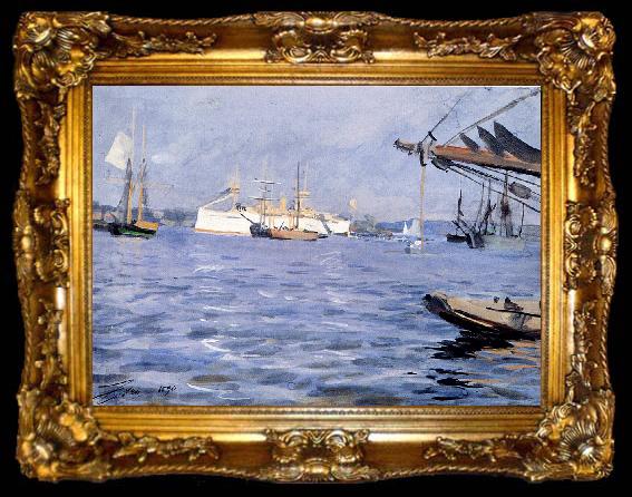 framed  Anders Zorn The Battleship Baltimore in Stockholm Harbor, ta009-2
